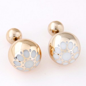White Flower Pattern Prints Big and Small Balls Fashion Earrings - Golden