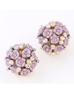 Czech Rhinestone Decorated Sweet Flowerlets Ball Ear Studs - Violet
