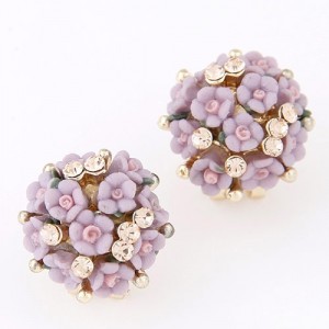 Czech Rhinestone Decorated Sweet Flowerlets Ball Ear Studs - Violet