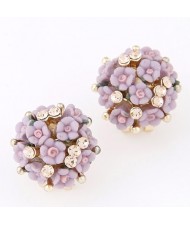 Czech Rhinestone Decorated Sweet Flowerlets Ball Ear Studs - Violet