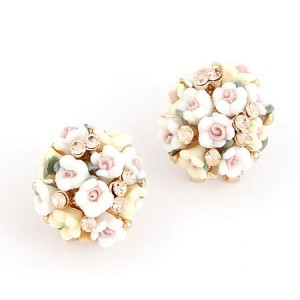 Czech Rhinestone Decorated Sweet Flowerlets Ball Ear Studs - Yellow and White