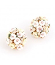Czech Rhinestone Decorated Sweet Flowerlets Ball Ear Studs - Yellow and White