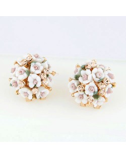 Czech Rhinestone Decorated Sweet Flowerlets Ball Ear Studs - White