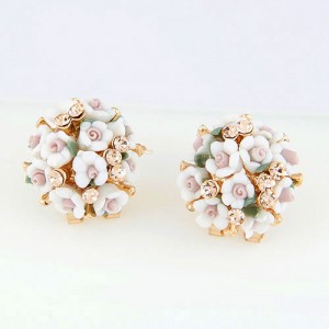 Czech Rhinestone Decorated Sweet Flowerlets Ball Ear Studs - White
