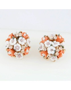 Czech Rhinestone Decorated Sweet Flowerlets Ball Ear Studs - Orange and White