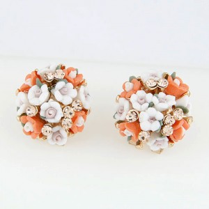 Czech Rhinestone Decorated Sweet Flowerlets Ball Ear Studs - Orange and White