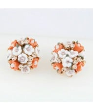 Czech Rhinestone Decorated Sweet Flowerlets Ball Ear Studs - Orange and White