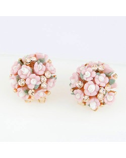 Czech Rhinestone Decorated Sweet Flowerlets Ball Ear Studs - Pink