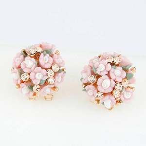 Czech Rhinestone Decorated Sweet Flowerlets Ball Ear Studs - Pink