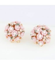 Czech Rhinestone Decorated Sweet Flowerlets Ball Ear Studs - Pink