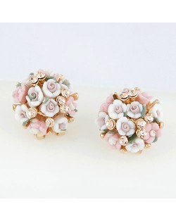 Czech Rhinestone Decorated Sweet Flowerlets Ball Ear Studs - Pink White