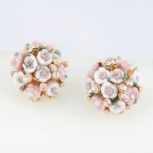 Czech Rhinestone Decorated Sweet Flowerlets Ball Ear Studs - Pink White