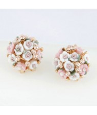 Czech Rhinestone Decorated Sweet Flowerlets Ball Ear Studs - Pink White