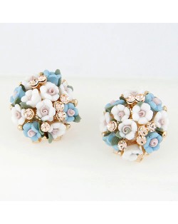 Czech Rhinestone Decorated Sweet Flowerlets Ball Ear Studs - Blue and White