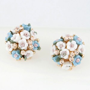 Czech Rhinestone Decorated Sweet Flowerlets Ball Ear Studs - Blue and White