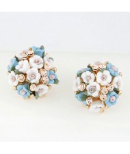 Czech Rhinestone Decorated Sweet Flowerlets Ball Ear Studs - Blue and White