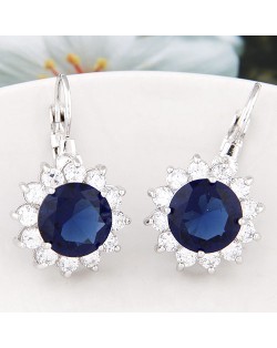 Korean Fashion Cubic Zirconia Sunflower Earrings - Ink Blue