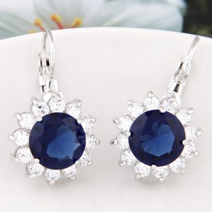 Korean Fashion Cubic Zirconia Sunflower Earrings - Ink Blue