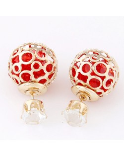 Cubic Zirconia Inside Hollow Ball Design Ear Studs - Red