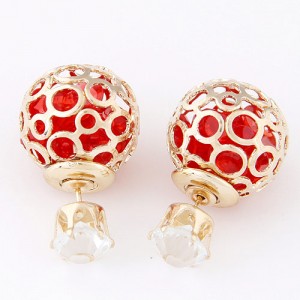 Cubic Zirconia Inside Hollow Ball Design Ear Studs - Red