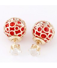 Cubic Zirconia Inside Hollow Ball Design Ear Studs - Red