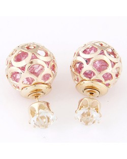 Cubic Zirconia Inside Hollow Ball Design Ear Studs - Pink