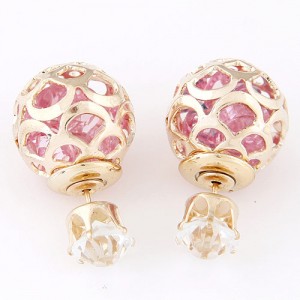 Cubic Zirconia Inside Hollow Ball Design Ear Studs - Pink