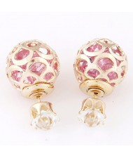 Cubic Zirconia Inside Hollow Ball Design Ear Studs - Pink