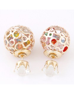 Cubic Zirconia Inside Hollow Ball Design Ear Studs - Multicolor