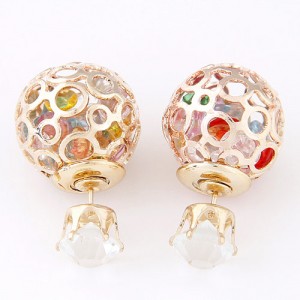 Cubic Zirconia Inside Hollow Ball Design Ear Studs - Multicolor