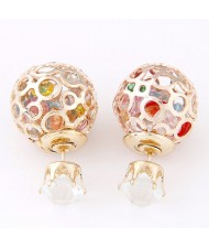 Cubic Zirconia Inside Hollow Ball Design Ear Studs - Multicolor