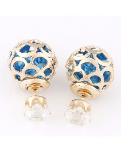 Cubic Zirconia Inside Hollow Ball Design Ear Studs - Blue