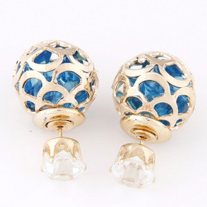 Cubic Zirconia Inside Hollow Ball Design Ear Studs - Blue