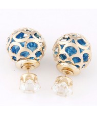 Cubic Zirconia Inside Hollow Ball Design Ear Studs - Blue