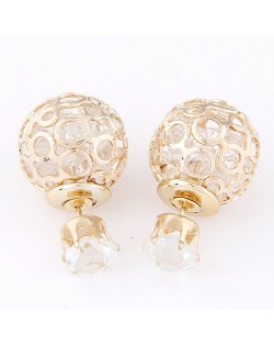 Cubic Zirconia Inside Hollow Ball Design Ear Studs - Transparent