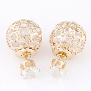 Cubic Zirconia Inside Hollow Ball Design Ear Studs - Transparent