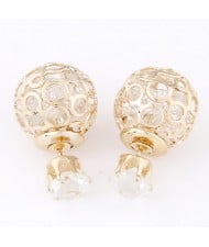 Cubic Zirconia Inside Hollow Ball Design Ear Studs - Transparent