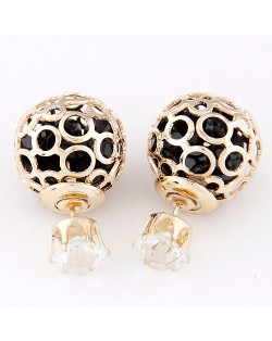 Cubic Zirconia Inside Hollow Ball Design Ear Studs - Black