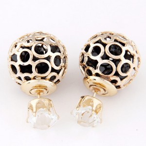 Cubic Zirconia Inside Hollow Ball Design Ear Studs - Black