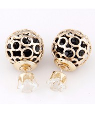 Cubic Zirconia Inside Hollow Ball Design Ear Studs - Black