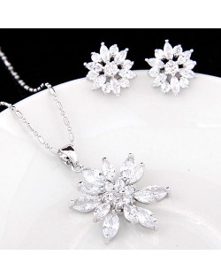 Cubic Zirconia Embedded Floral Style Platinum Plating Copper Necklace and Earrings Set - Transparent
