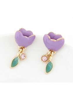 Korean Fashion Rhinestone Inlaid Oil-sopt Glazed Lotus Earrings - Violet