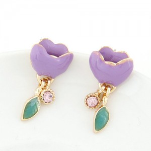 Korean Fashion Rhinestone Inlaid Oil-sopt Glazed Lotus Earrings - Violet