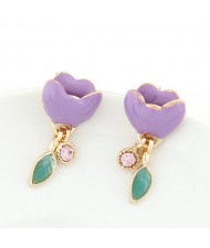 Korean Fashion Rhinestone Inlaid Oil-sopt Glazed Lotus Earrings - Violet