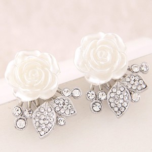 Rhinestone Inlaid Leaves Shell Rose Fashion Earrings