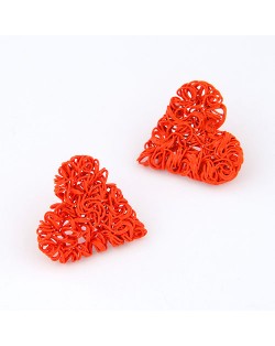 Spray Paint Wire Weaving Heart Design Ear Studs - Orange