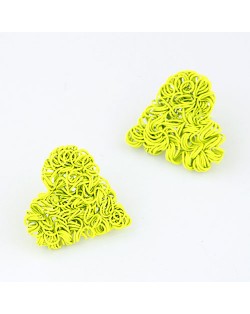Spray Paint Wire Weaving Heart Design Ear Studs - Yellow