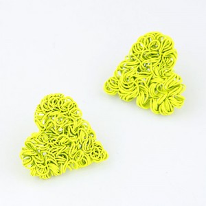 Spray Paint Wire Weaving Heart Design Ear Studs - Yellow