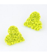 Spray Paint Wire Weaving Heart Design Ear Studs - Yellow