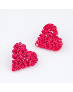 Spray Paint Wire Weaving Heart Design Ear Studs - Rose